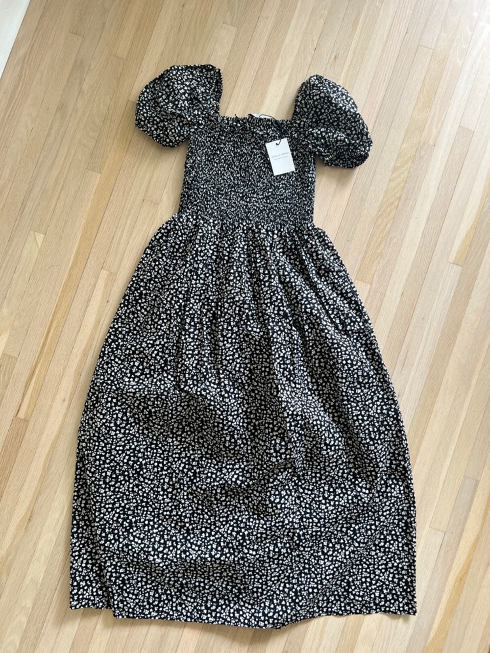 Black Floral Puff-Sleeve Corrina Dress Black White XS